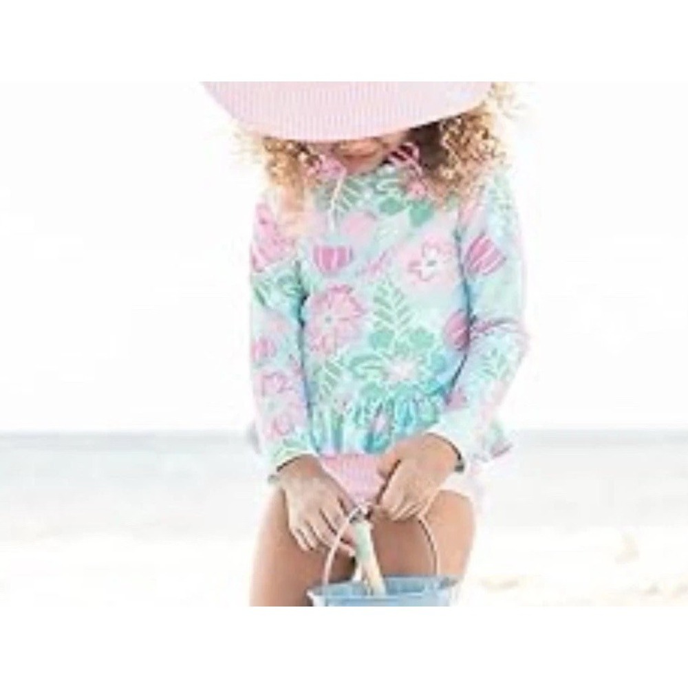 NWT Ruffle Butts 2 Pc Rashguard Swimsuit Set Girls 7 In Bloom Seersucker